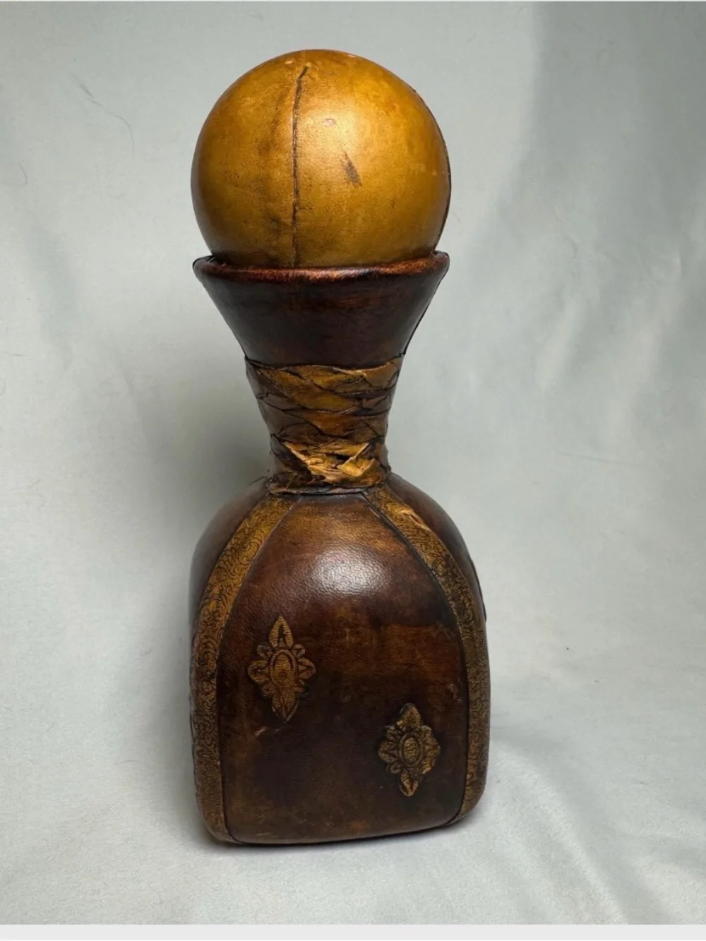 Vintage Italian Leather-Wrapped Decanter with Sphere Topper. Made in Italy